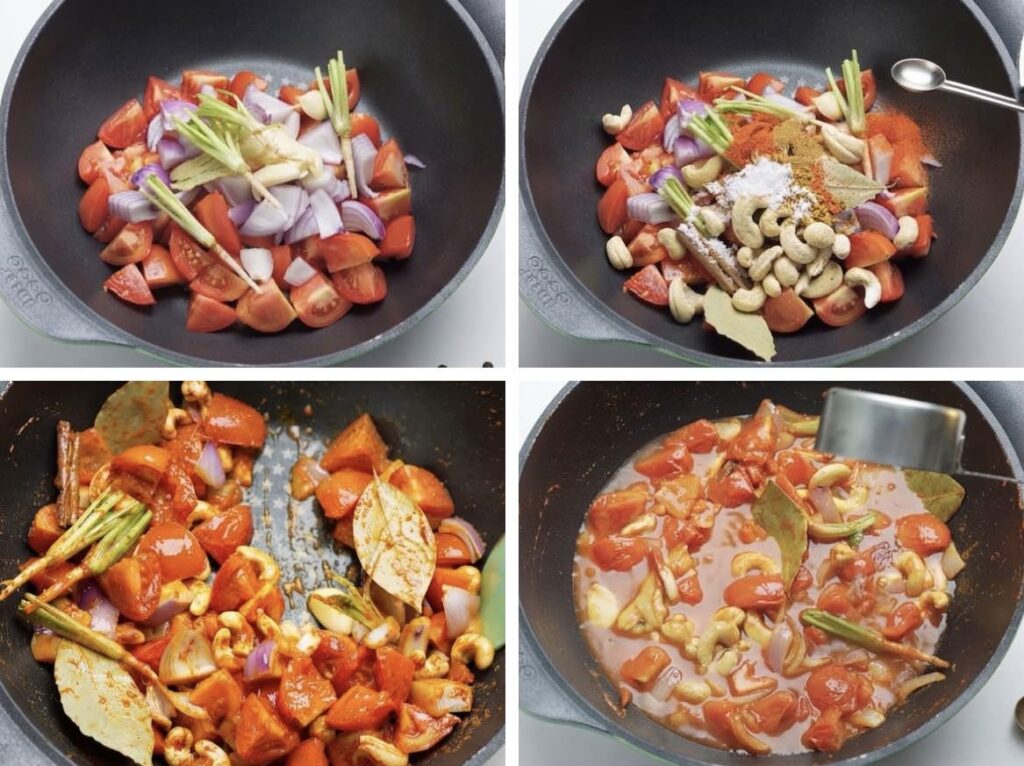 Make the butter chicken sauce Chopped tomatoes, onions, garlic, ginger, coriander stems, whole spices, cashews, and spices added to a large pan with water to make butter chicken sauce.