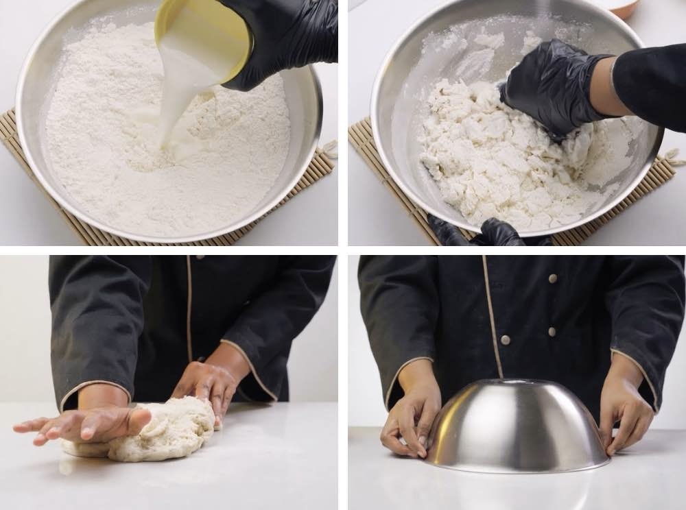 Turkish borek Kneading milk, oil, and water into flour until a smooth and elastic dough forms
