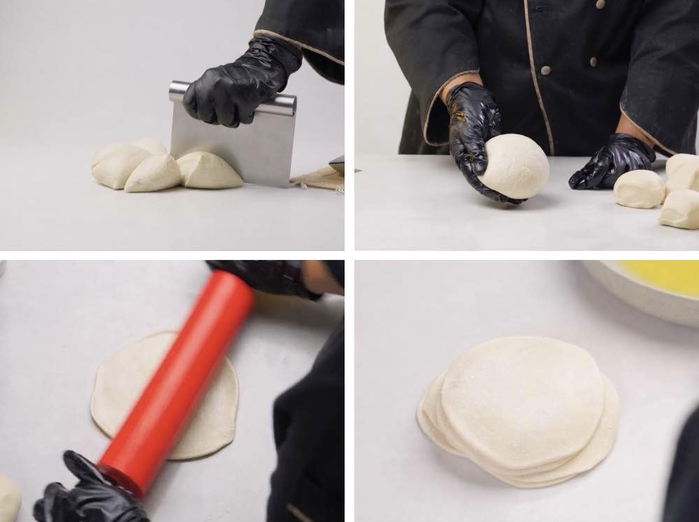 Turkish borek Divided portions of smooth dough rolled into equal round balls on a work surface
