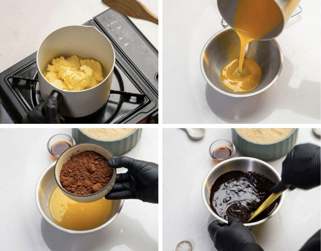 Cocoa brownie Melted cocoa and butter combined smoothly in a bowl