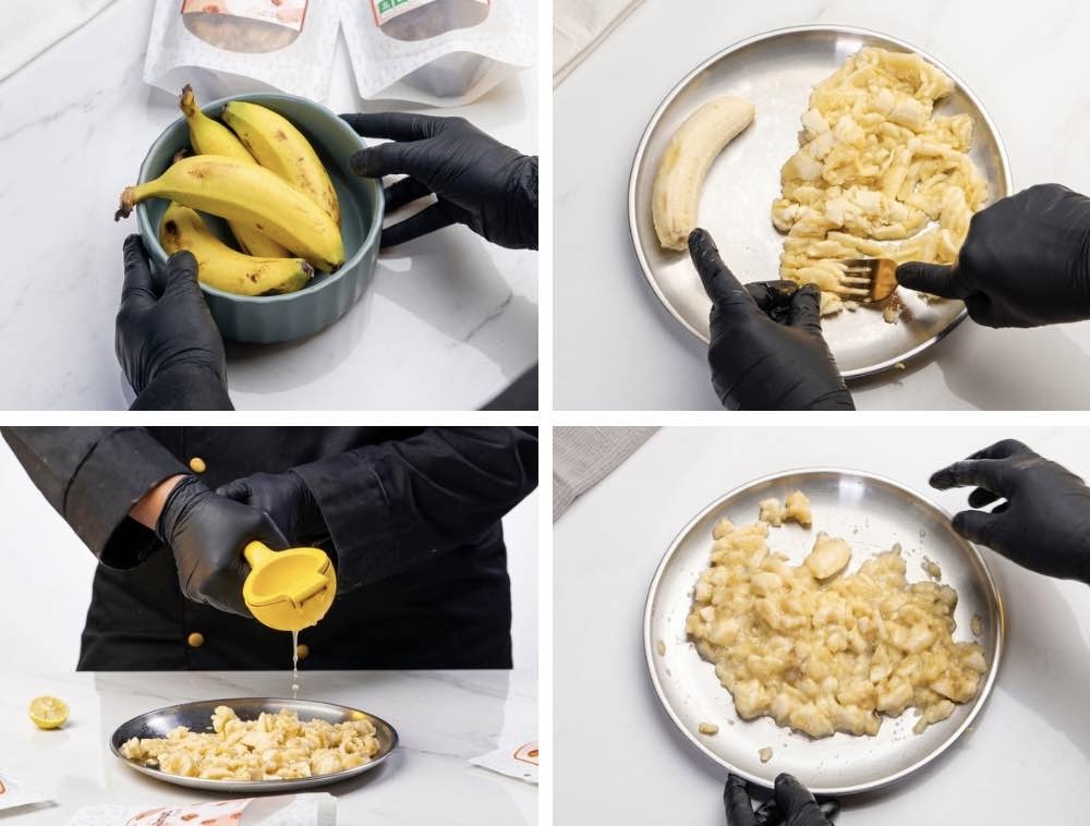 Ripe bananas lightly mashed with a few small pieces remaining, mixed gently with fresh lime juice in a bowl.