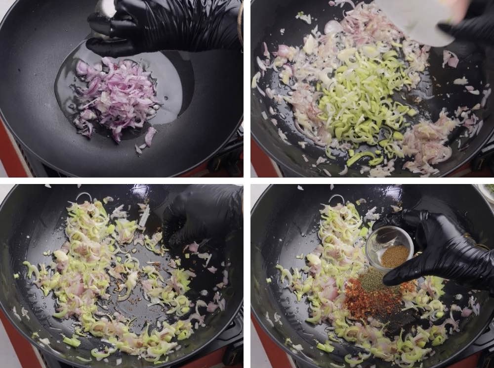 Turkish borek Slicing onions and leeks sautéing in a pan with aromatic spices for the börek filling