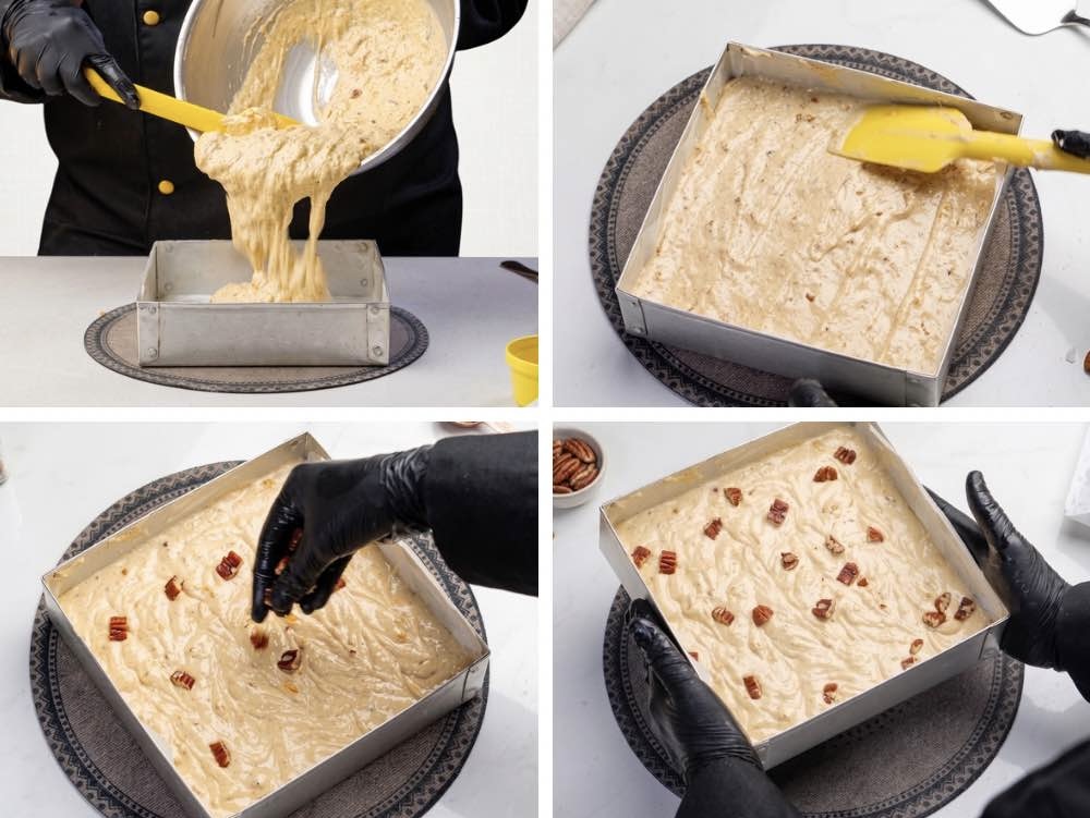 Banana cake batter spread evenly in a lined 8-inch square cake tin and topped with a few pieces of pecans.