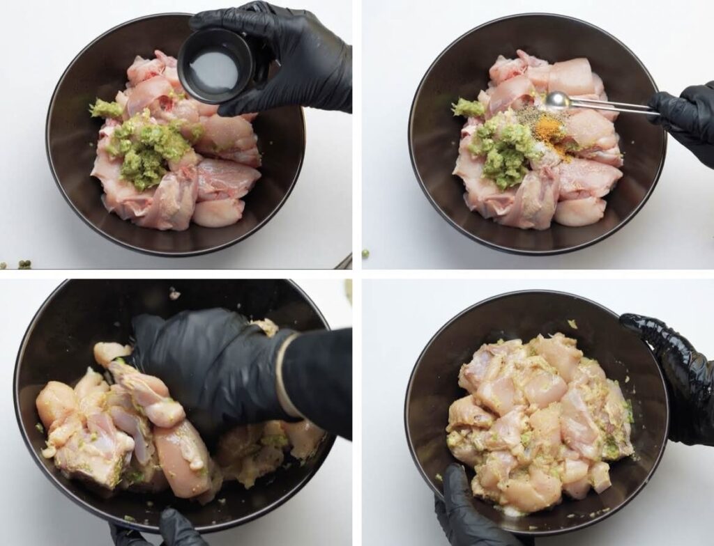 Marinate the chicken Chicken pieces coated in garlic, ginger, green chili, lime juice, salt, pepper, and turmeric for marinating.