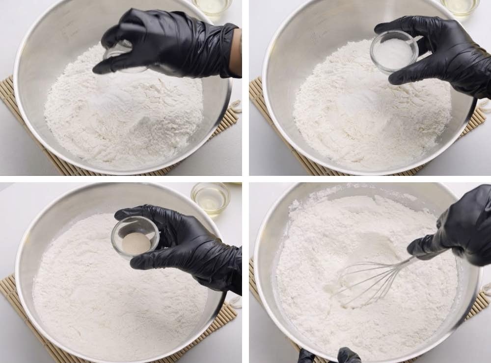 Turkish borek Mixing flour, salt, sugar, and baking powder in a bowl to make homemade Turkish börek dough