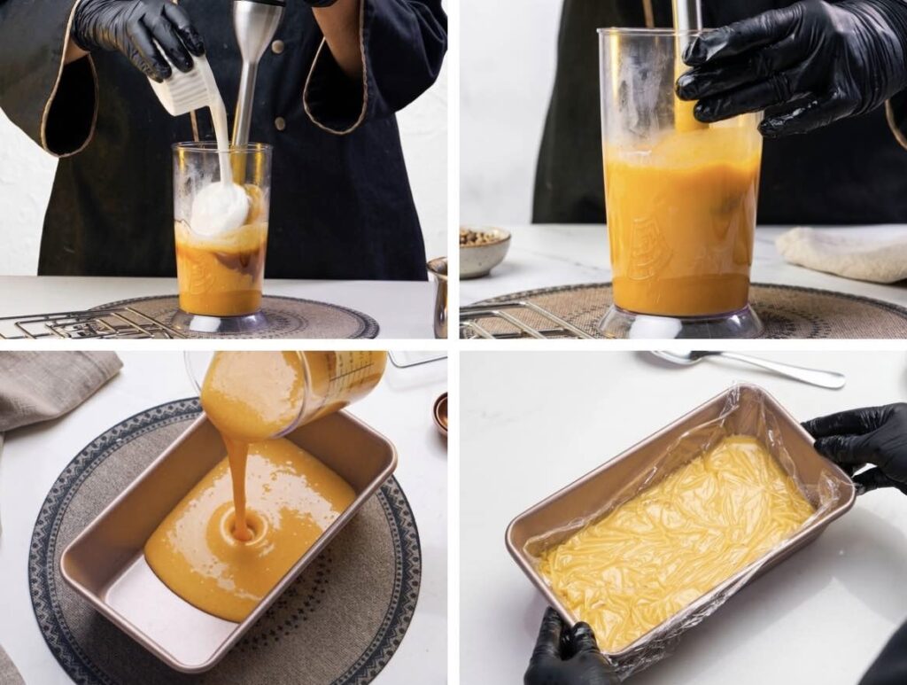 Finishing the Salted Caramel Ganache Whipping cream being blended into the salted caramel ganache until smooth and creamy.