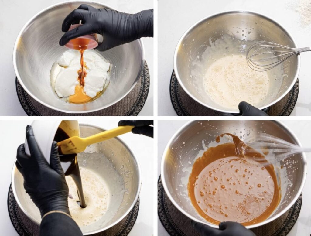 Mixing the Wet Ingredients Egg, yogurt, vanilla, and melted chocolate and butter mixture whisked together in a bowl.