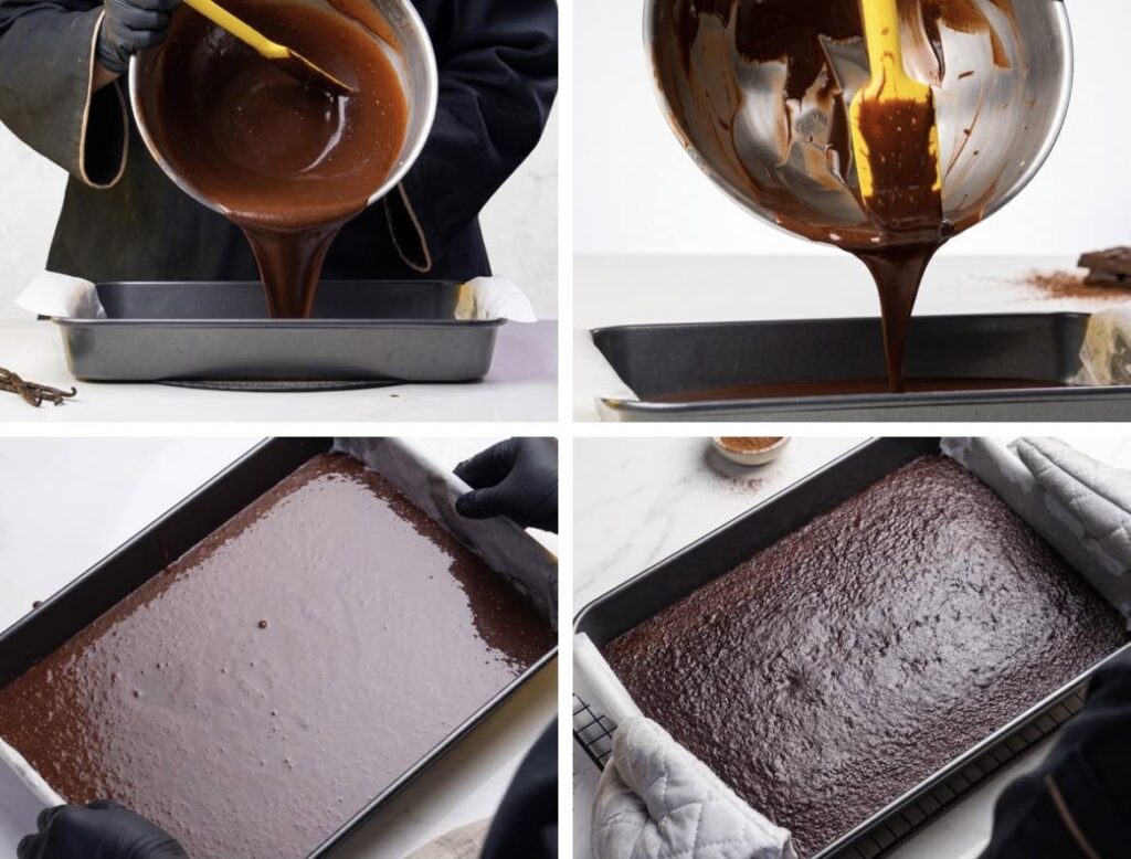 Baking the Chocolate Cake Smooth chocolate cake batter spread evenly in a baking tray before baking.