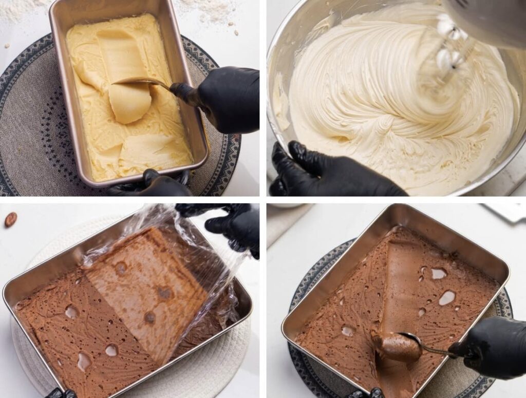 Whipping the Salted Caramel Ganache Chilled salted caramel ganache being whipped until thick and spreadable beside softened chocolate ganache.