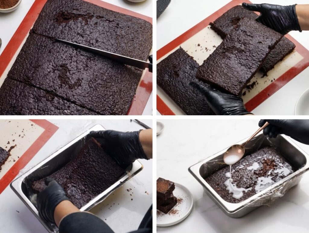 Adding the First Cake Layer Loaf pan lined with cling film with the first chocolate cake layer placed inside and lightly soaked with milk.