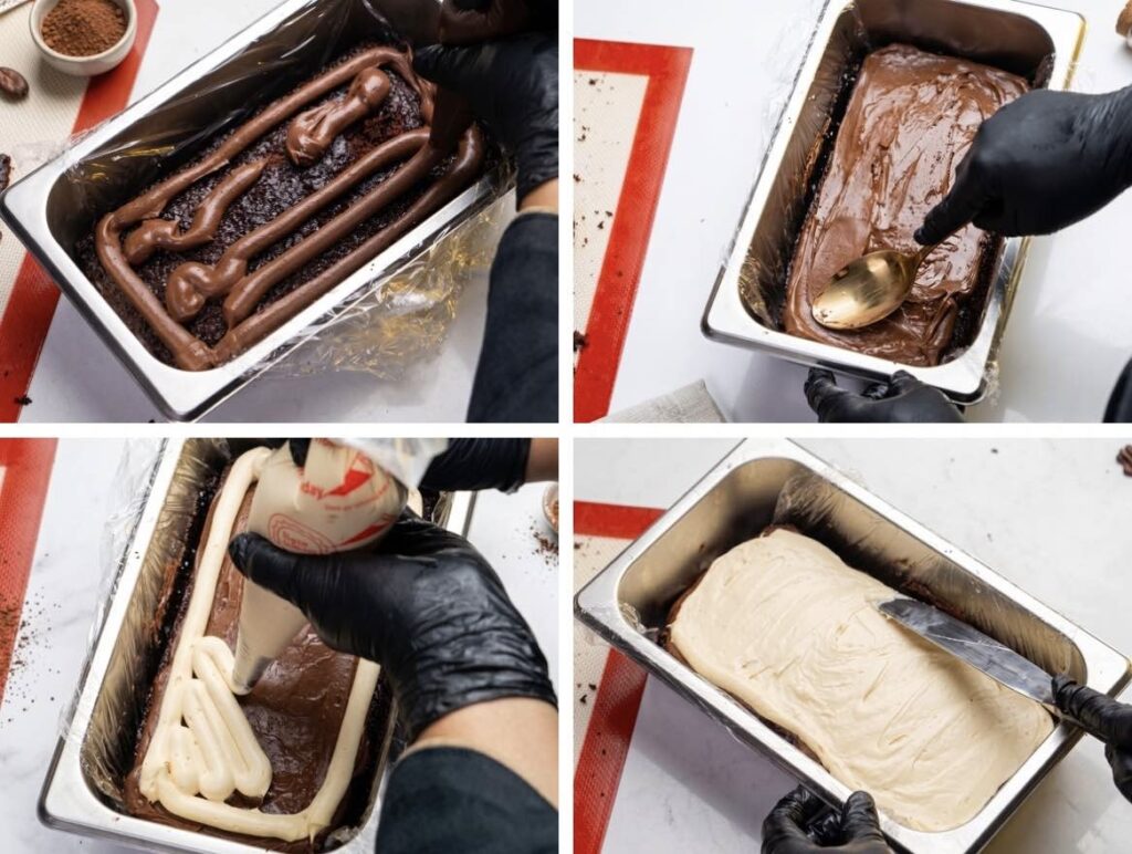 Adding the Chocolate and Caramel Ganache Chocolate ganache and whipped salted caramel ganache spread evenly over the first cake layer.