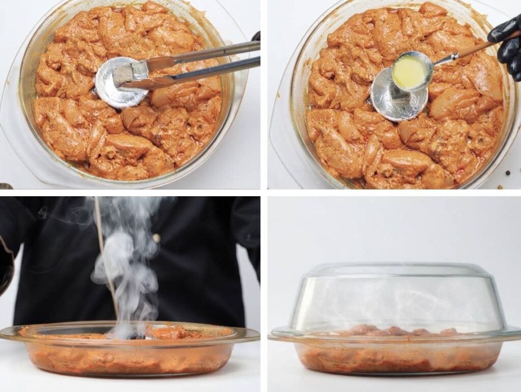 Add smoky charcoal flavor Hot charcoal placed in a small metal bowl inside marinated chicken, with oil added to create smoky tandoori-style flavor.