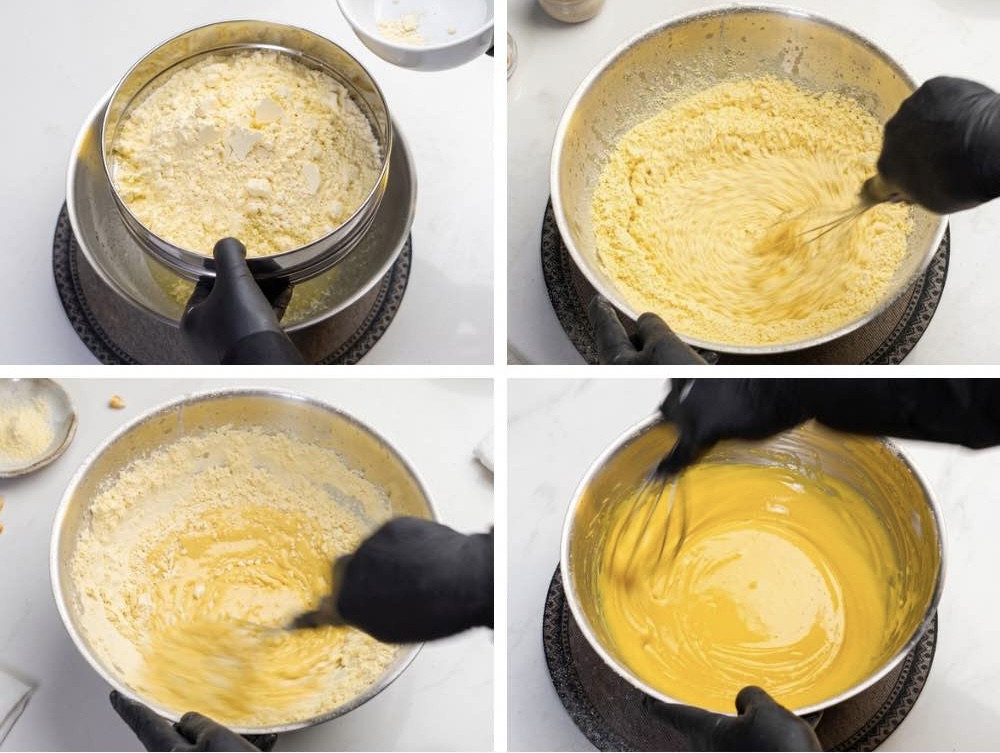 Nylon Khaman Dhokla Sifted gram flour being added to the liquid mixture to make smooth khaman dhokla batter