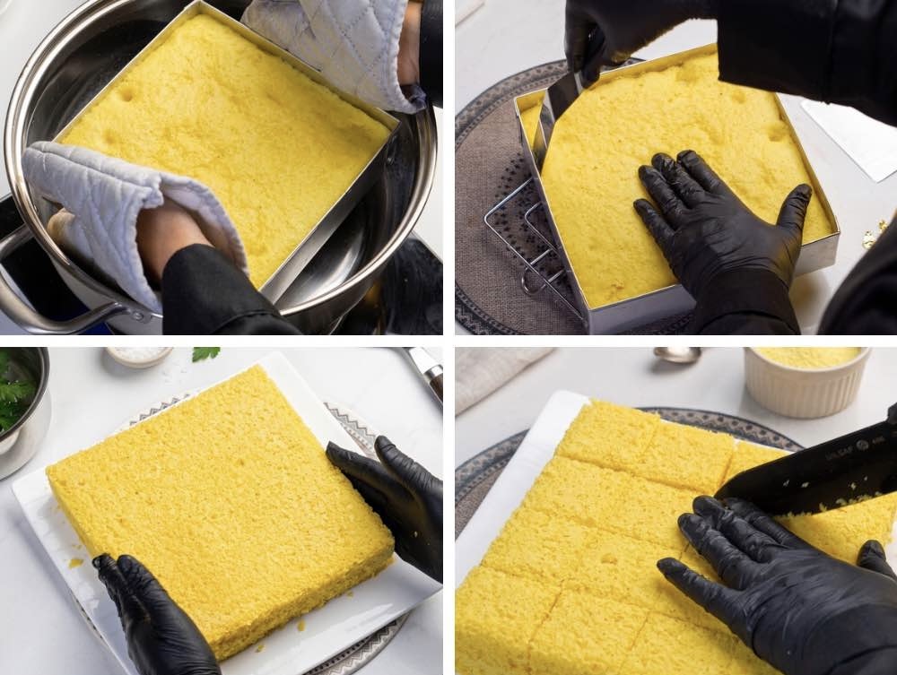 Nylon Khaman Dhokla Soft steamed Nylon Khaman Dhokla being cut into even square pieces