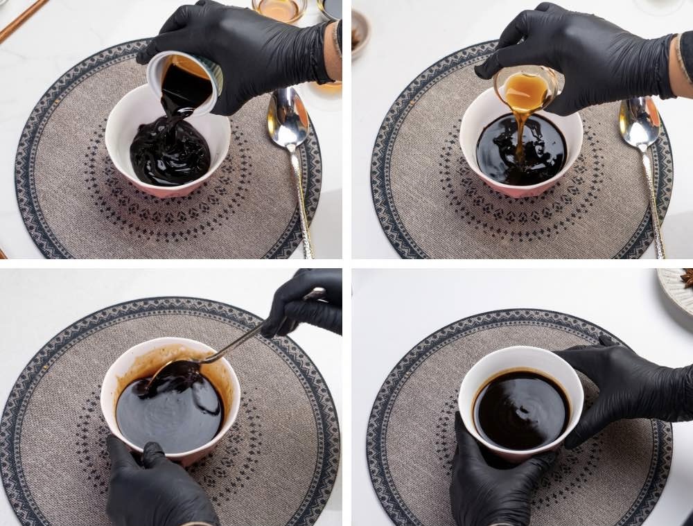 Mixing the Stir-Fry Sauce Bowl of mixed oyster sauce, soy sauces, fish sauce, sugar, and water for Pad Kra Pao