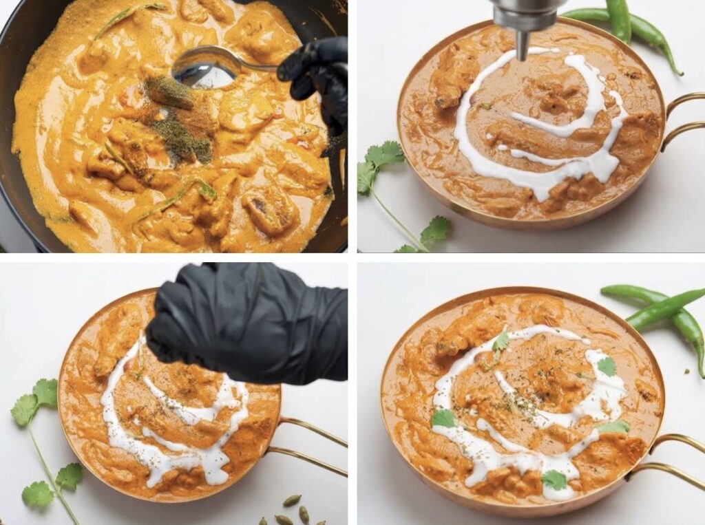 Garnish with fresh cream Creamy butter chicken finished with kasuri methi, garam masala, a drizzle of cream, and fresh cilantro.