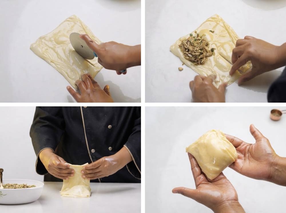 Turkish borek Cutting halfway through the pastry square and adding savory chicken and leek filling before rolling