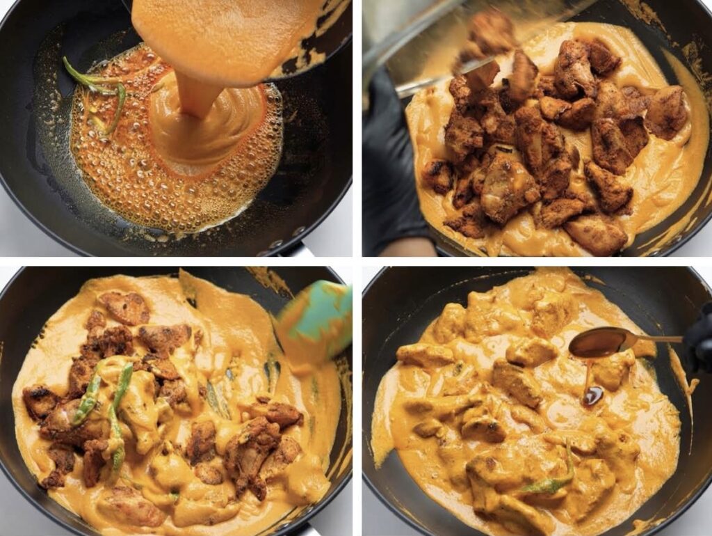 Add sauce with chicken Smooth makhani sauce combined with seared chicken, juices, salt, and honey in a pan to make creamy butter chicken.