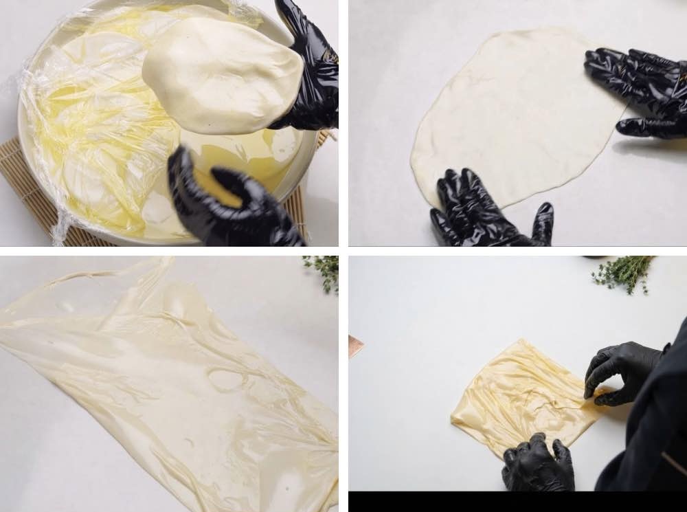 Turkish borek Stretching a butter-soaked dough ball paper-thin on an oiled surface before folding into a square