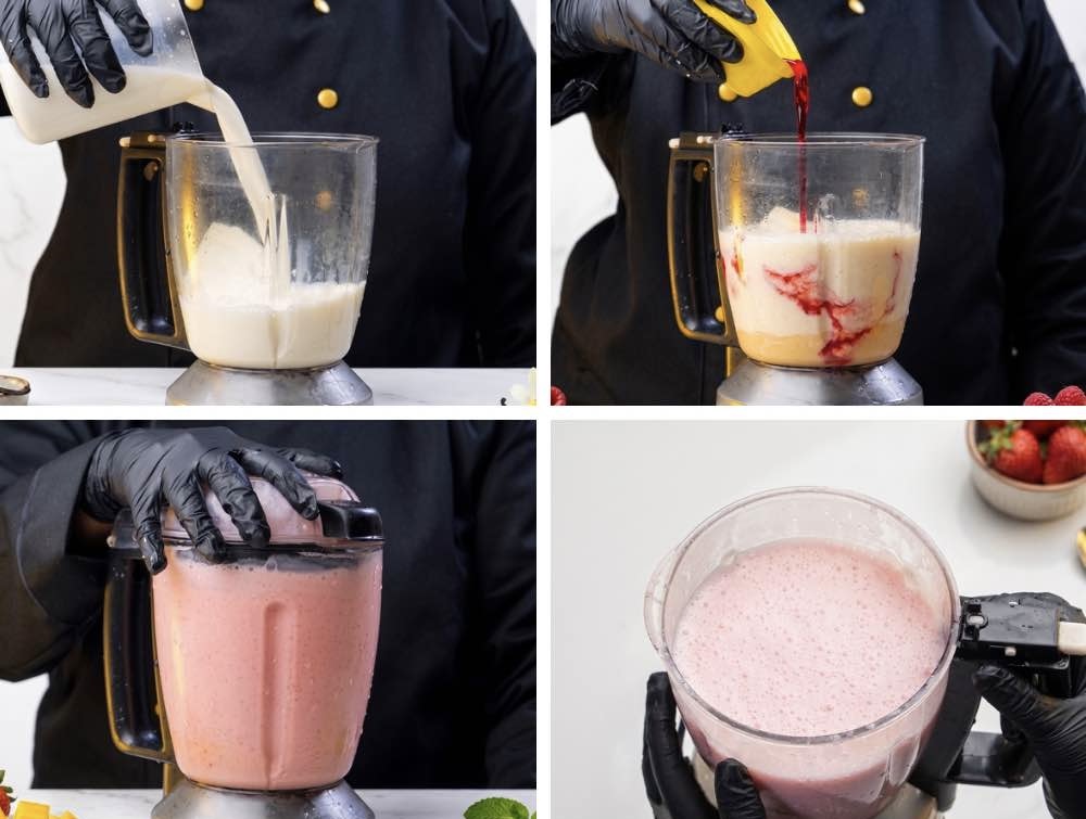 Making Rose Es Mambo Rose syrup blended into the creamy milk base for Es Mambo