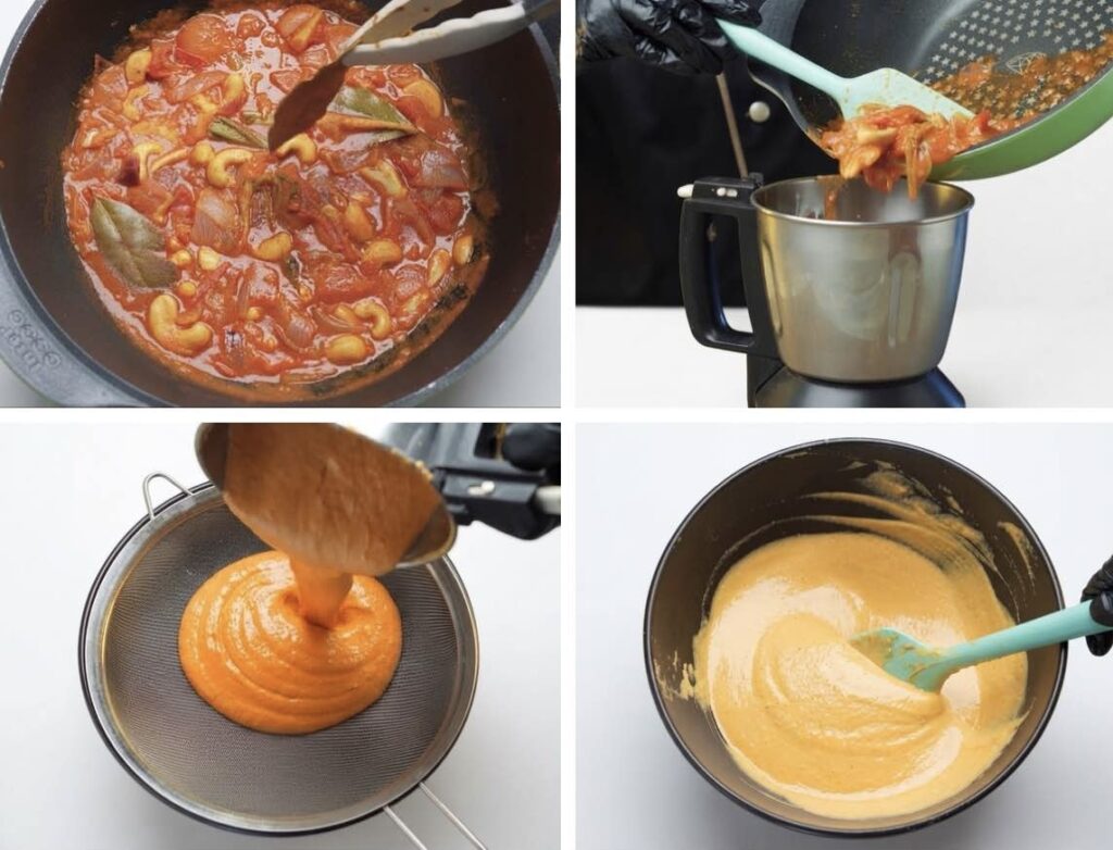 Blending the sauce Cooked tomato and cashew mixture blended into a smooth, creamy sauce and strained through a fine-mesh sieve for a silky butter chicken base.