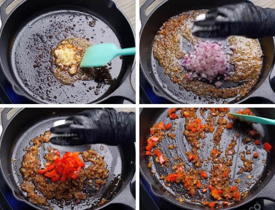 Make the sauce Butter and minced garlic melting and sizzling in a hot skillet, making a flavorful base for the creamy pasta sauce.