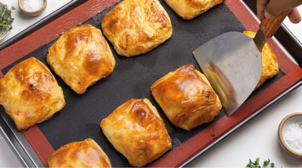 Turkish borek Freshly baked golden-brown crispy chicken and leek Turkish börek served on a platter