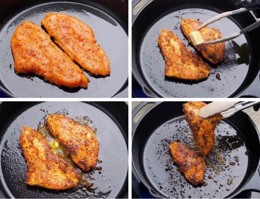 Cook the Cajun chicken Cajun-seasoned chicken pieces sizzling in a hot skillet, turning golden brown with steam rising as they cook.