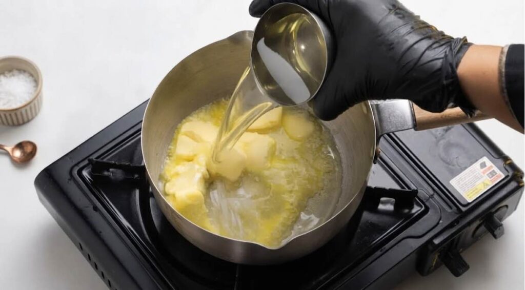 Turkish borek Melted butter and oil combined in a small bowl to create the flaky pastry layering mixture