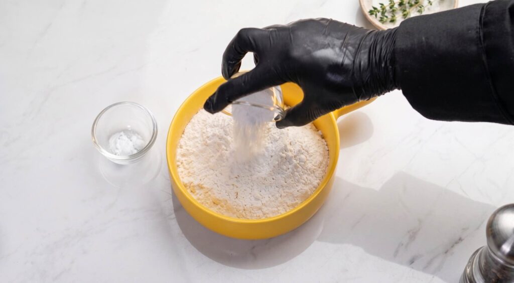 All-purpose flour, baking powder, and baking soda whisked together in a mixing bowl.