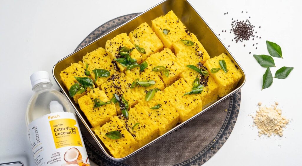 Nylon Khaman Dhokla Warm sweet and savoury tempering being poured over freshly cut khaman dhokla