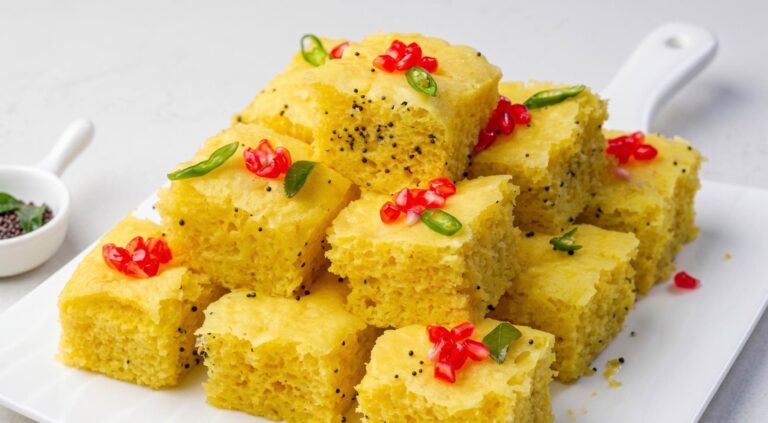 Soft and spongy Nylon Khaman Dhokla topped with flavourful tempering and fresh pomegranate arils