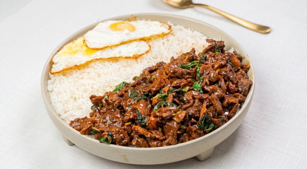 Serving Thai Basil Beef Thai basil beef served with jasmine rice and a crispy fried egg